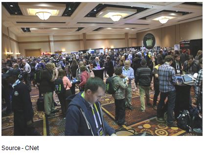 New Stuff – While this is the media mob at ShowStoppers, there were people everywhere at this year’s CES trying to see what’s new, what’s hot and what’s not around the 35 football fields of exhibit space. In a word, impossible. 